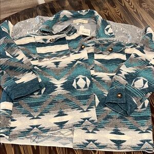 Grace& Emma Women's Aztec Patterned shacket- Teal and Gray